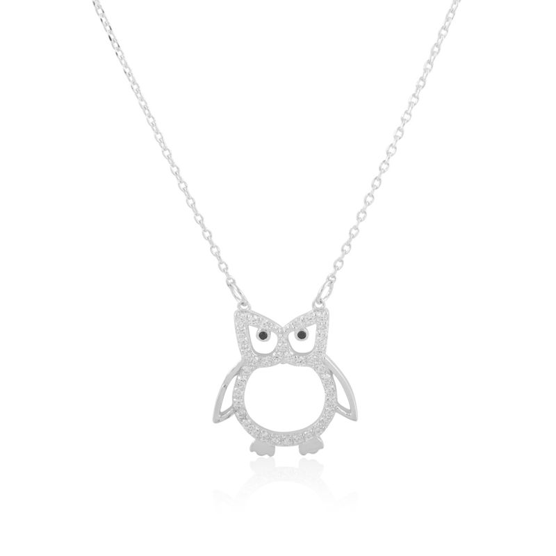 Sterling Silver Owl Necklace with Cubic Zirconias - Click Image to Close